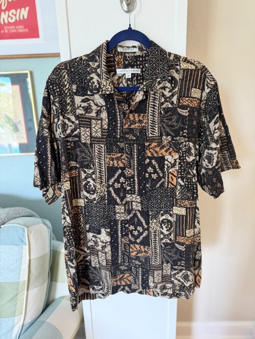 Vintage 90s Geoffrey Beene 70% Silk Patchwork Paisley Shirt M